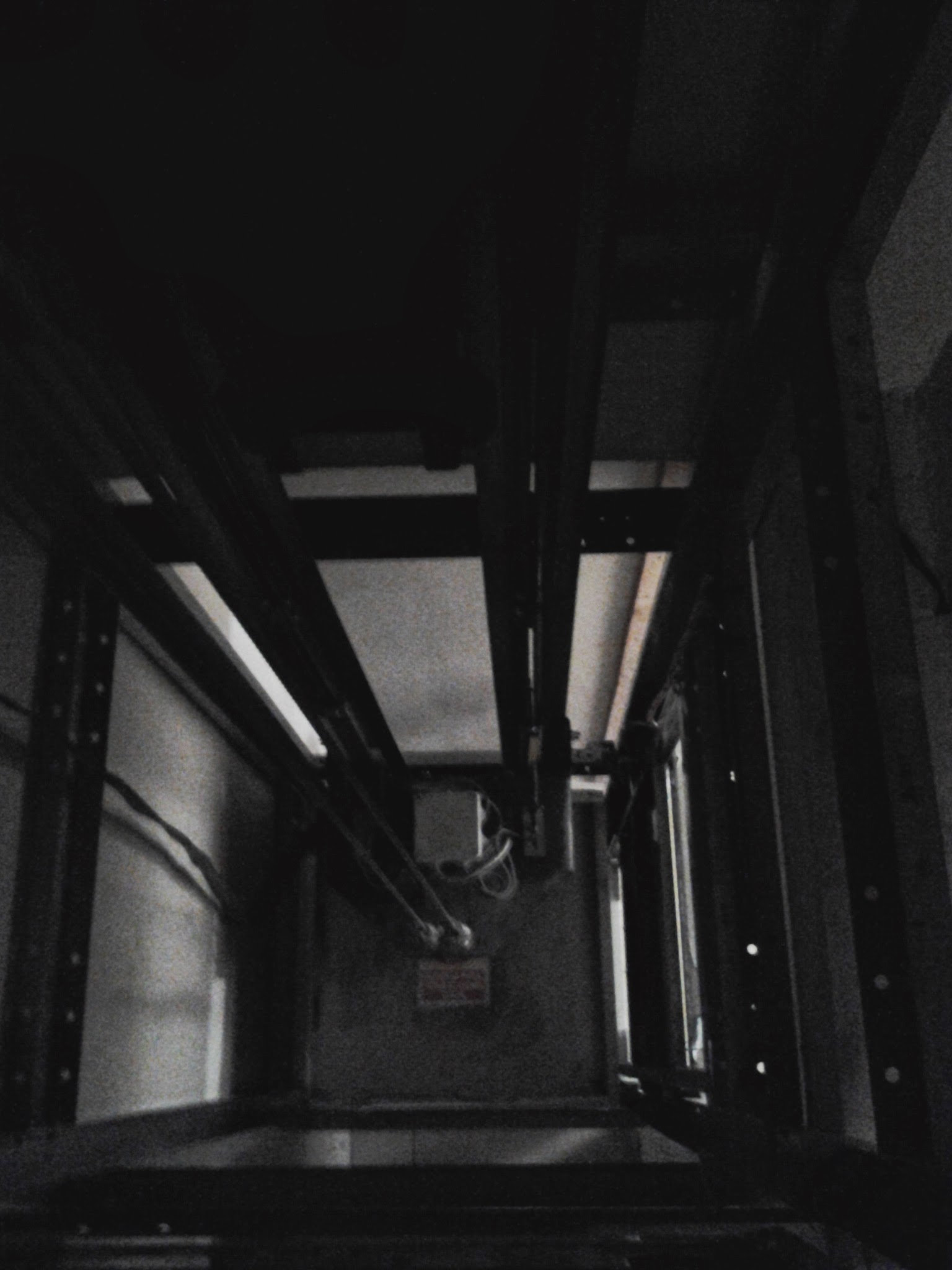 Vista desde el interior del hueco del ascensor mostrando rieles guía, cables de acero y estructura mecánica.